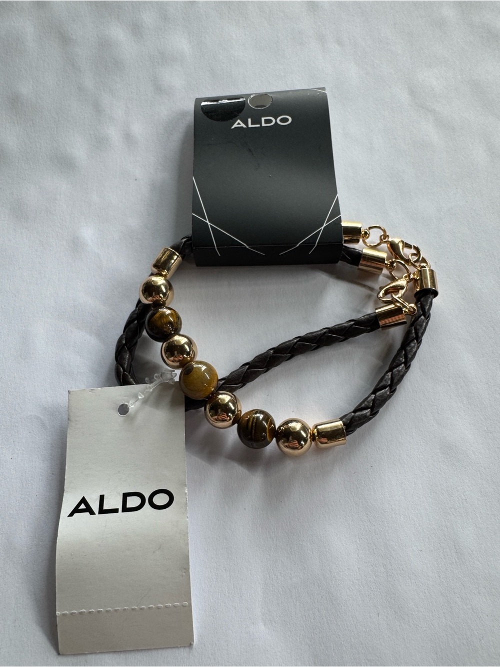 ALDO Dark Brown Braided Leather Bracelet with Gold Beads